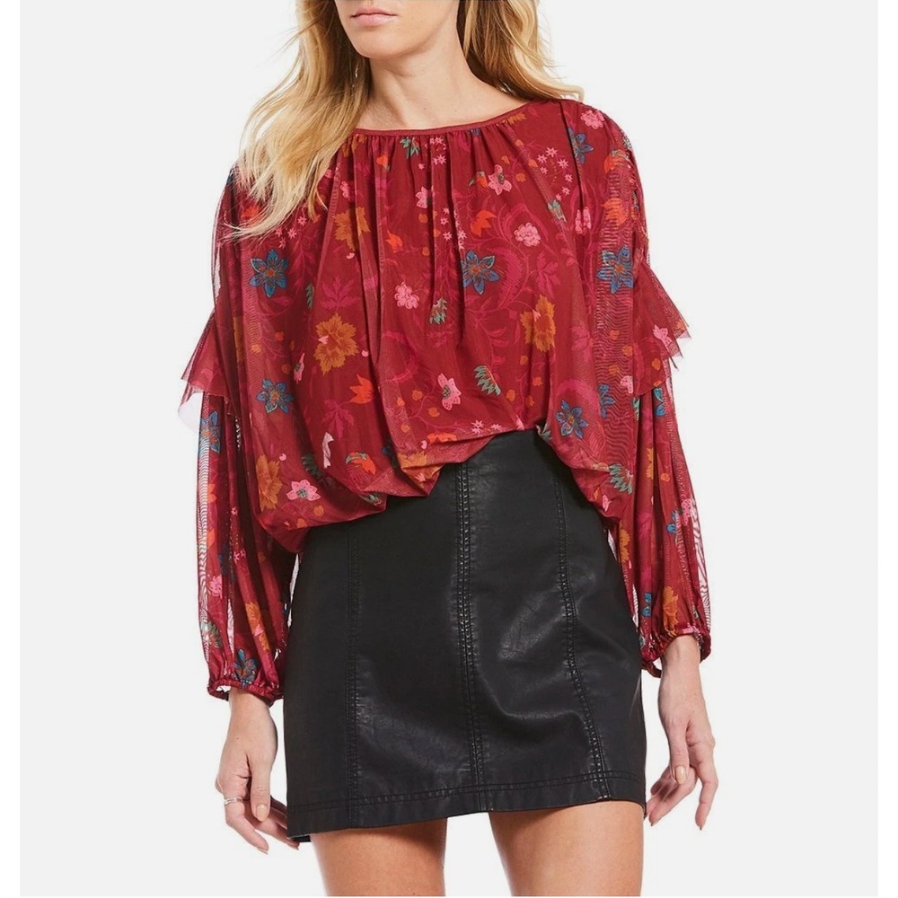 Free People Wildflower Honey Layered Mesh‎ Ruffled Floral Berry Red Blouse M